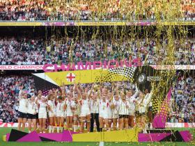 Red Roses women's rugby team celebrate at Twickenham