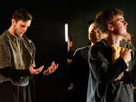 Colby and Dom performing in dramatic scenes on stage