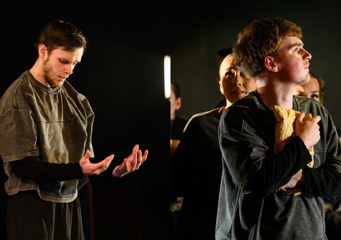 Colby and Dom performing in dramatic scenes on stage