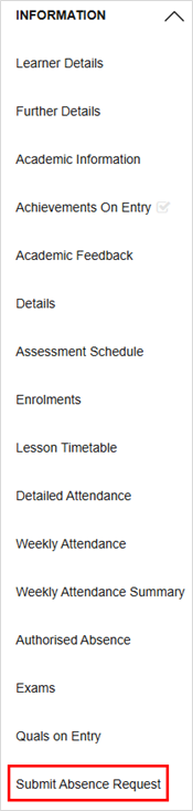 Screenshot of ILP Menu highlighting Report Absence Option