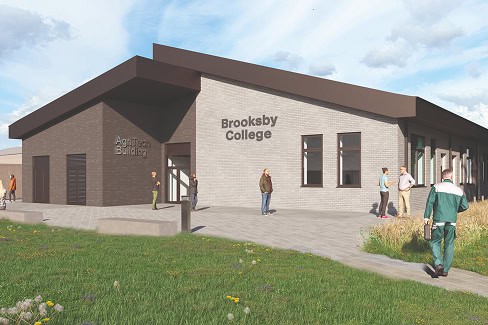 An architect 3D rendering of what the Agri-Tech centre will look like, large single story building with a pitched roof and natural timber clad exterior