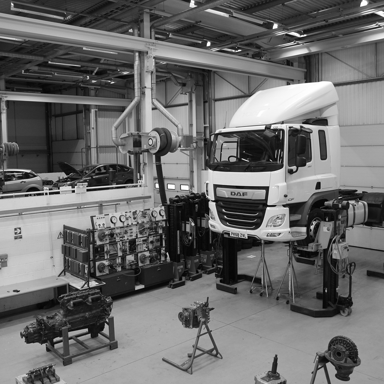 A truck in a heavy vehicle workshop