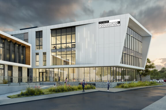 3D render of the exterior of the new East Midlands Institute of Technology building on the Loughborough College campus