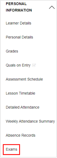 screenshot of left hand menu in the ILP with highlight over the exams link