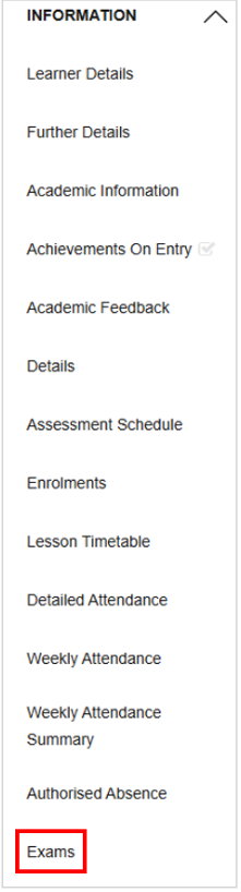 screenshot of left hand menu in the ILP with highlight over the exams link