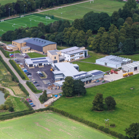 Aerial shot of Brooksby College campus and surrounding area