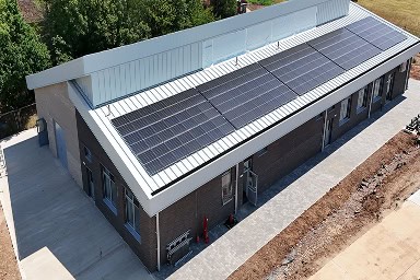 View from the air of the exterior of the new Brooksby Agri-Tech building
